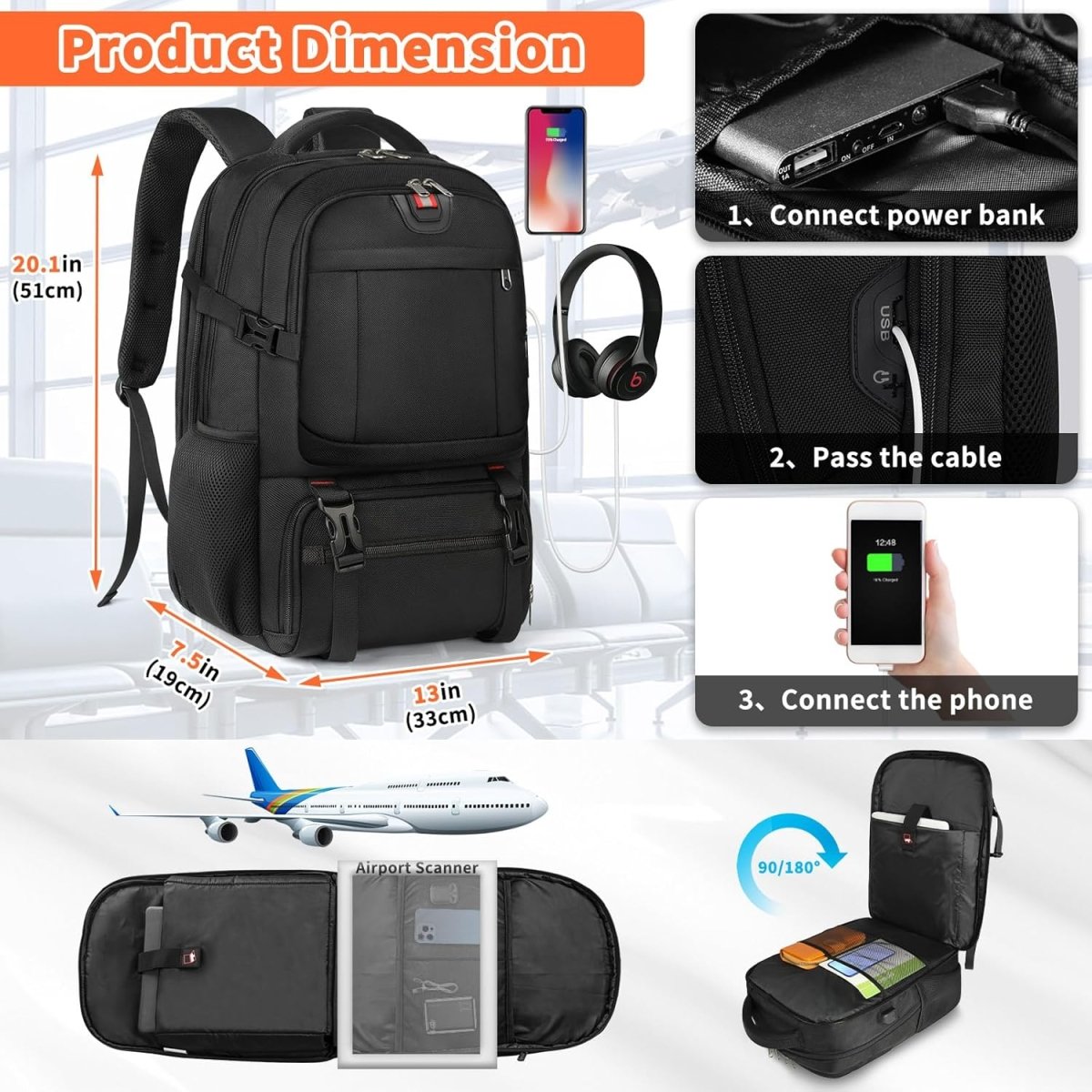 Nobl Travel 50L Laptop Backpack with Insulated Food Compartment and USB Port
