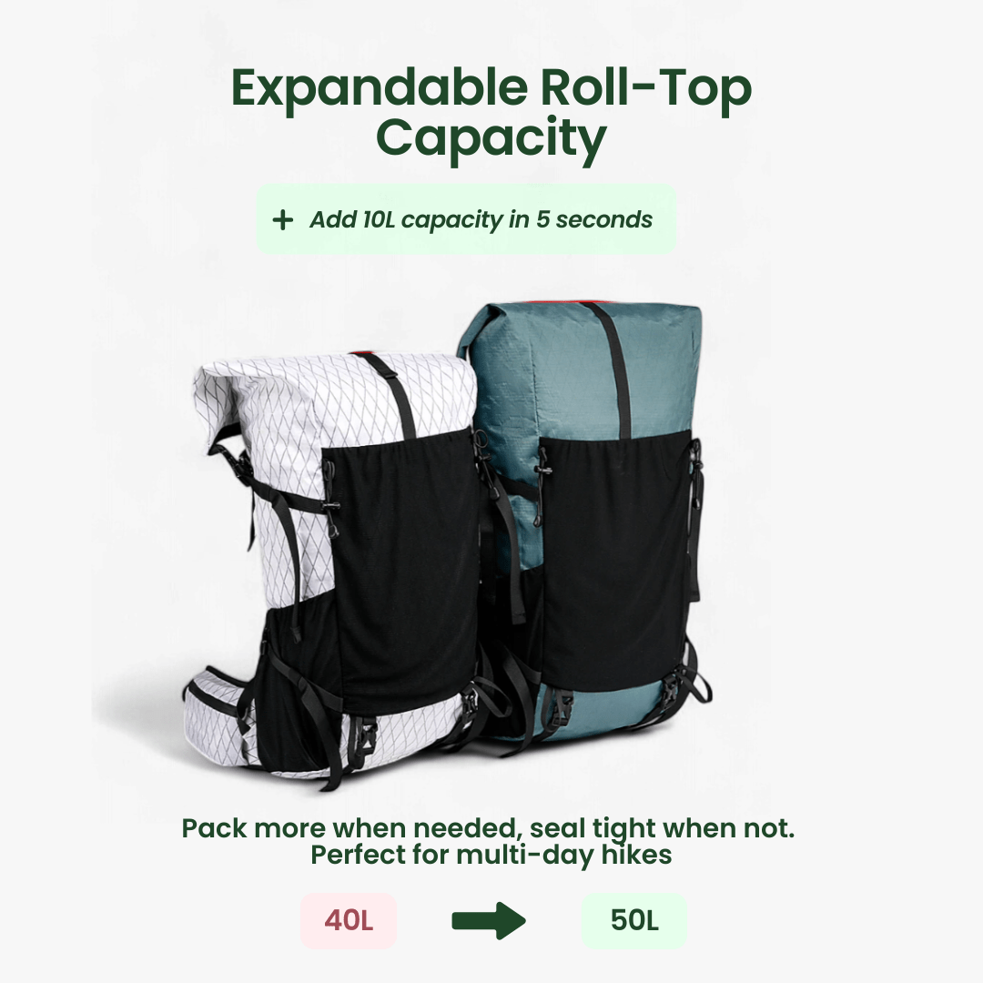 Nobl Travel Ultrea 50L Ultralight Hiking Backpack with Expandable Roll Top Design