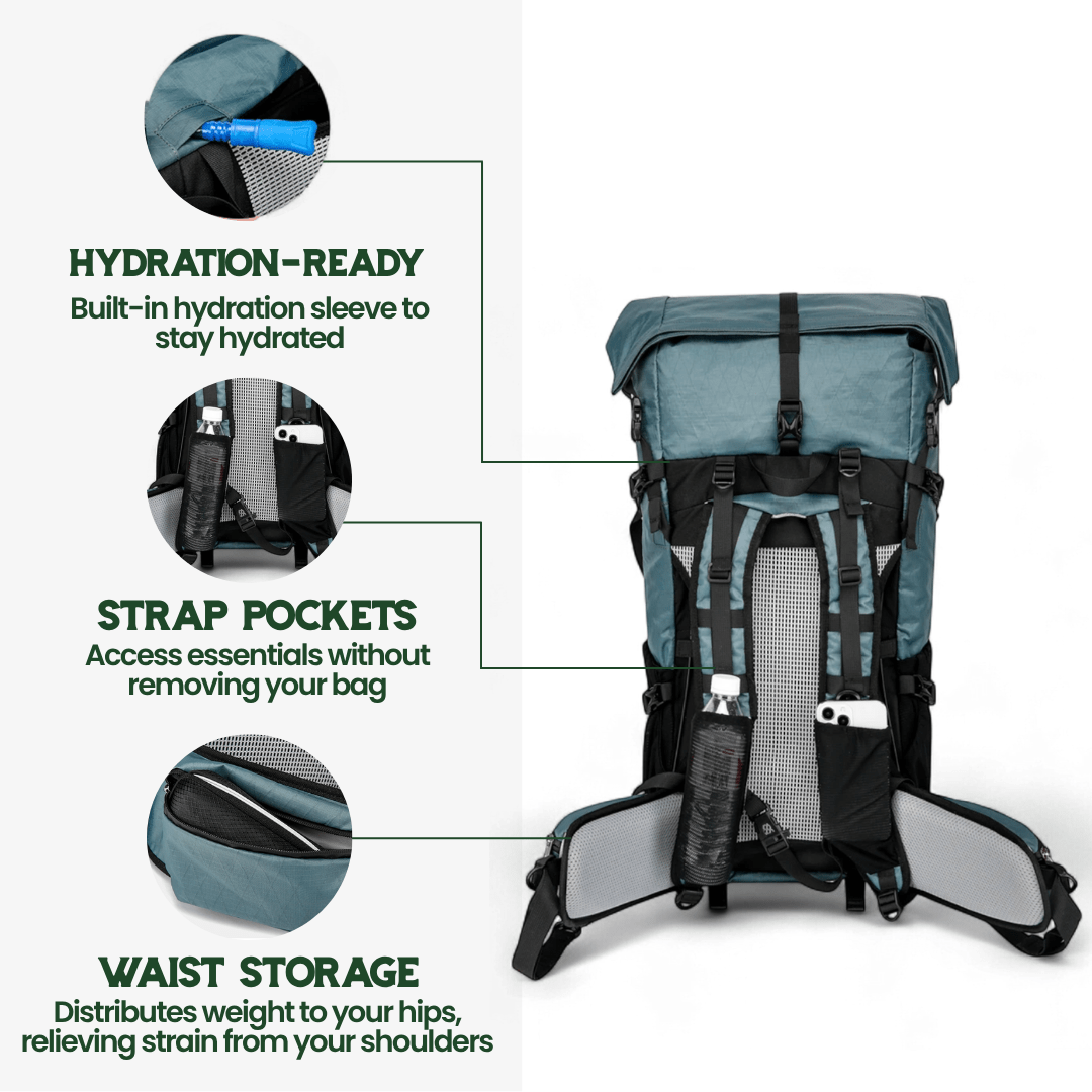 Nobl Travel Ultrea 50L Ultralight Hiking Backpack with Expandable Roll Top Design