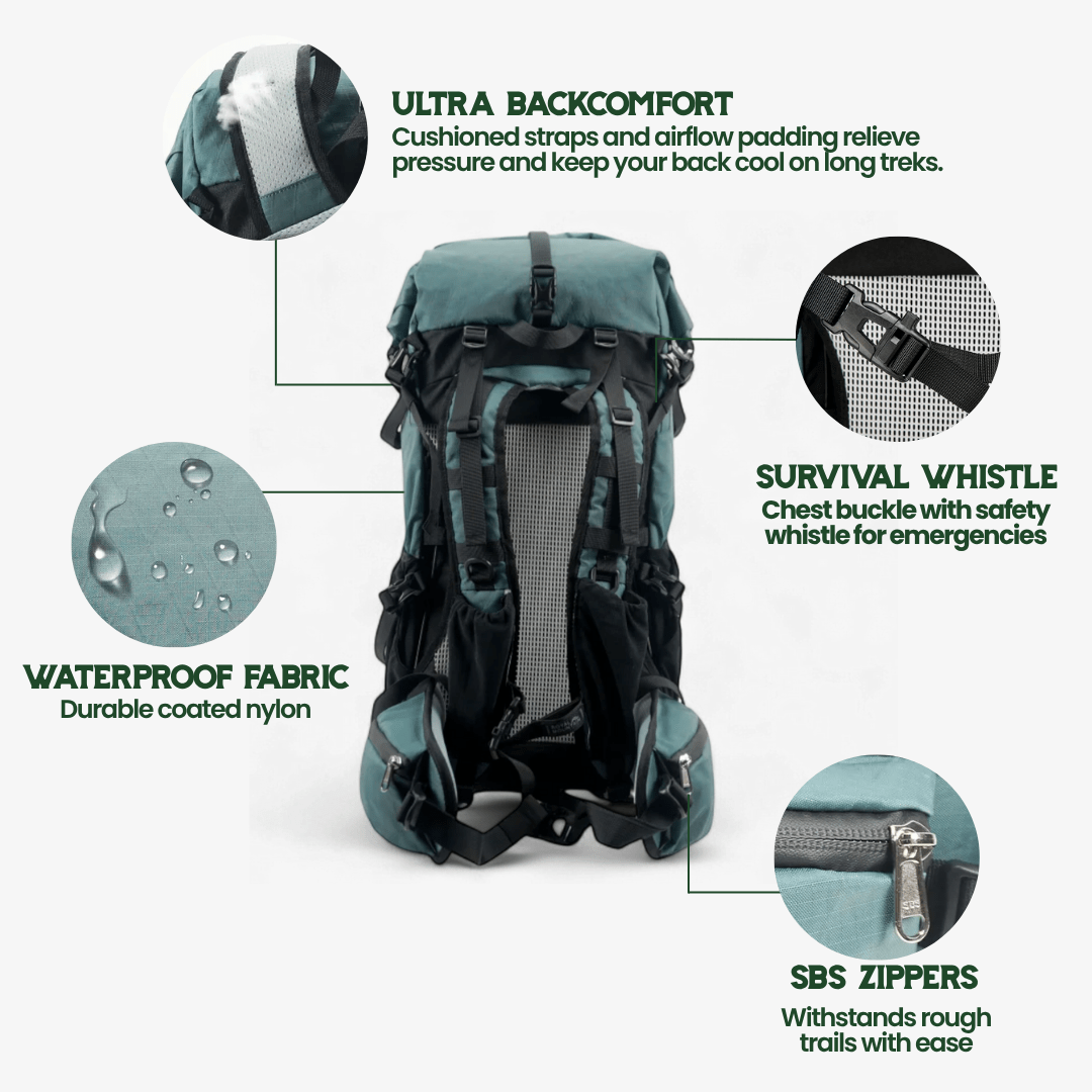 Nobl Travel Ultrea 50L Ultralight Hiking Backpack with Expandable Roll Top Design