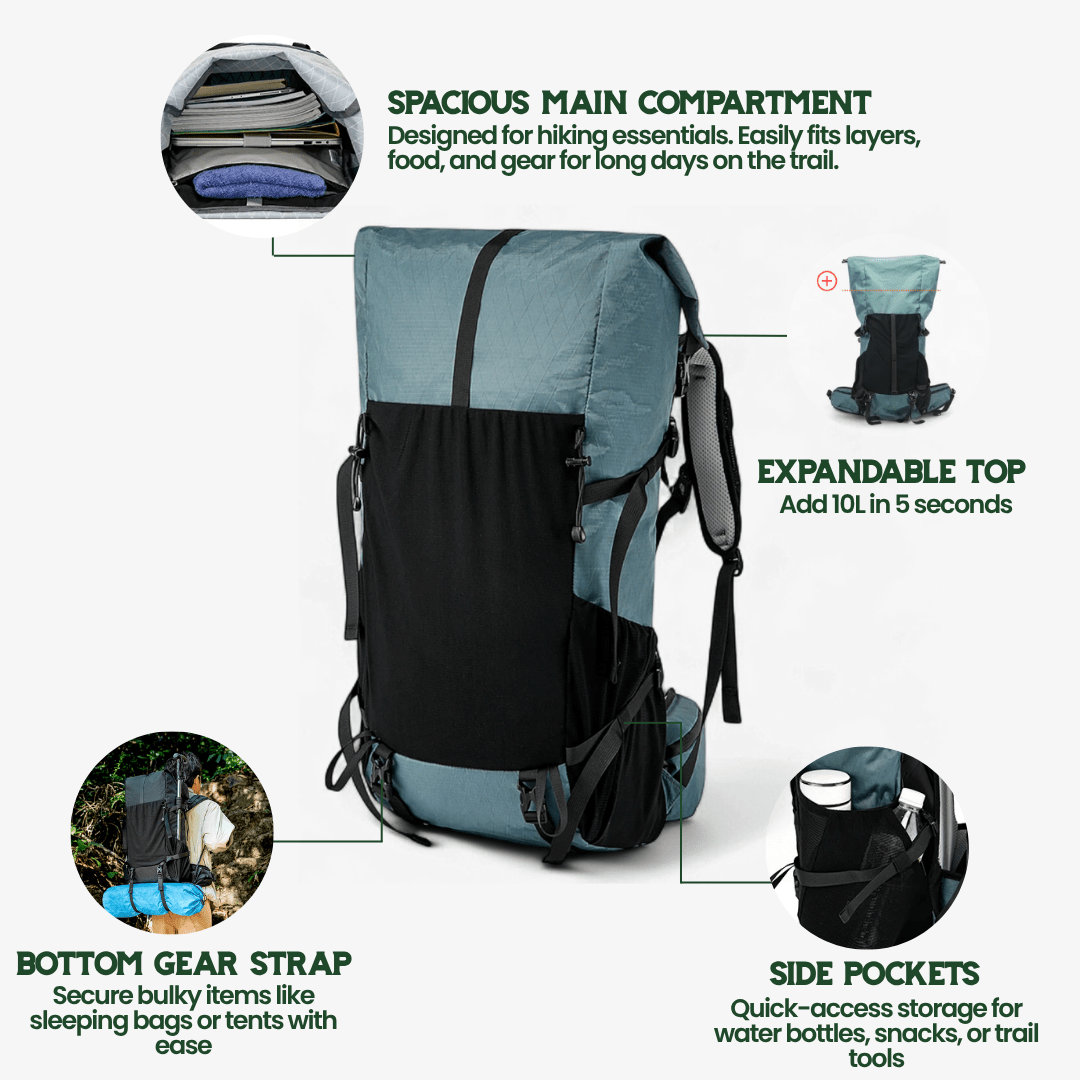 Nobl Travel Ultrea 50L Ultralight Hiking Backpack with Expandable Roll Top Design